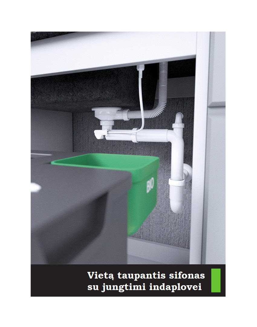 Vietą taupantis sifonas granitinei plautuvei su automatiniu kištuku 3,5" Black Laveo - Image 4